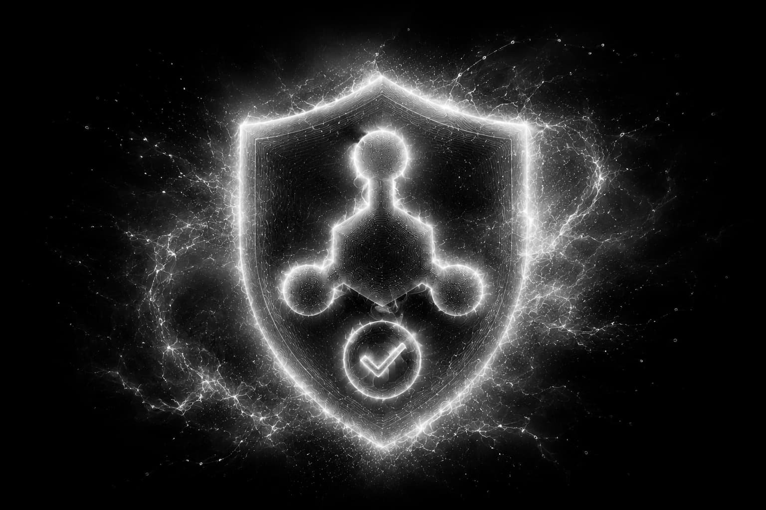 Shield with a checkmark over a node network, representing an automation ready for production